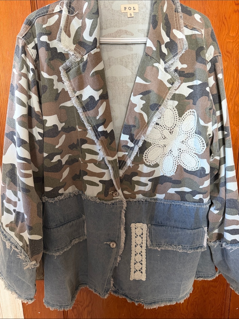 POL camo and denim mixed-fabric blazer with lace applique oversized fit